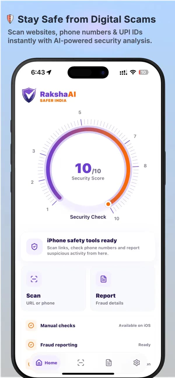 RakshaAI app security score screen