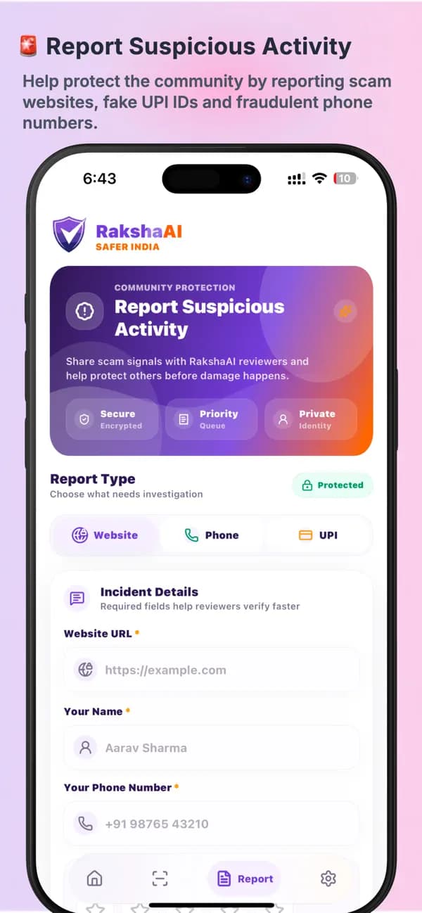 RakshaAI app suspicious activity reporting screen