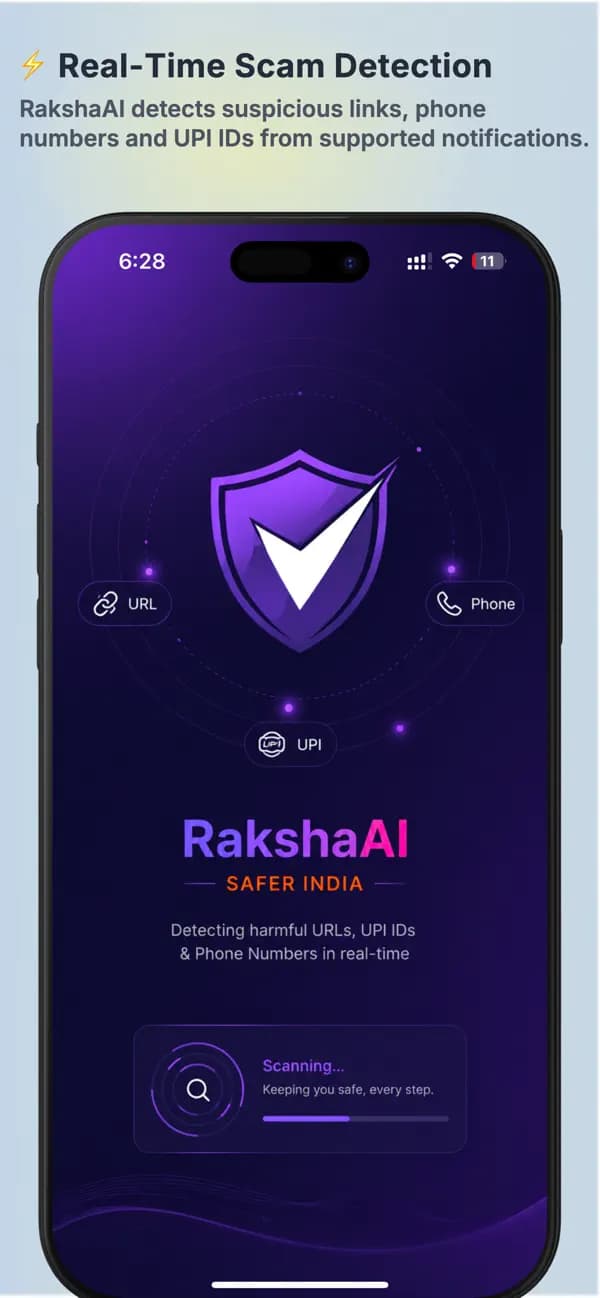 RakshaAI app supported-notification scam detection screen