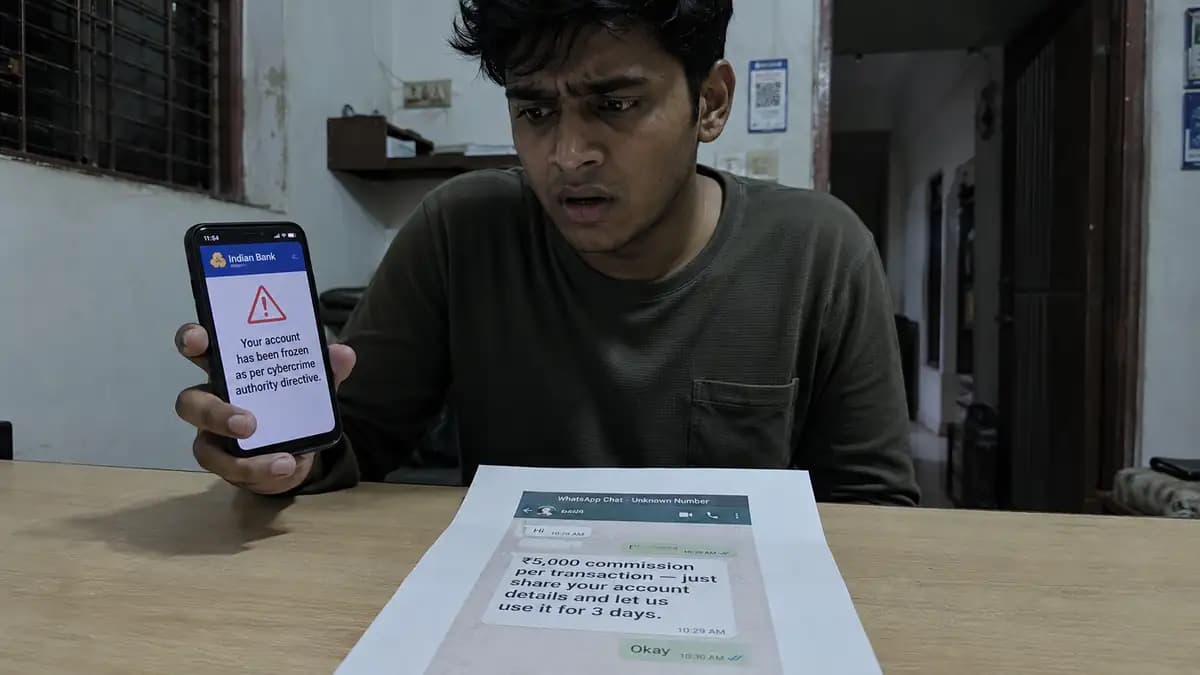 Mule account scam India 2026, innocent person sees bank account frozen after money laundering fraud