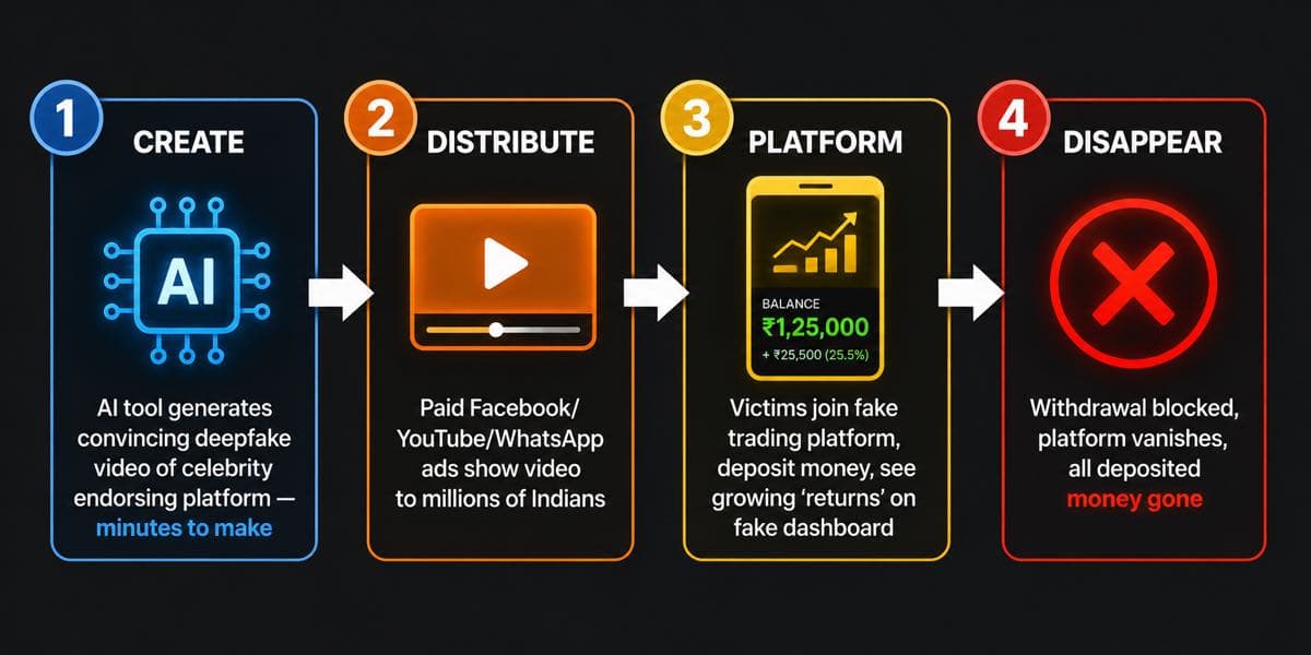 How deepfake celebrity investment scam works India, four stage process