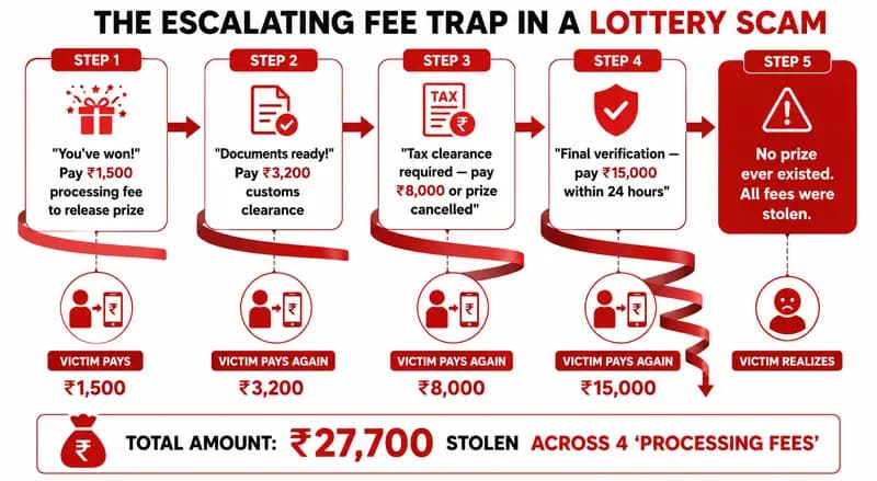 How processing fee lottery scam works India, escalating fees with no prize