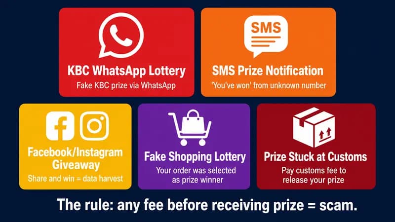 5 types of lottery scam India 2026, KBC WhatsApp SMS Facebook and customs fraud