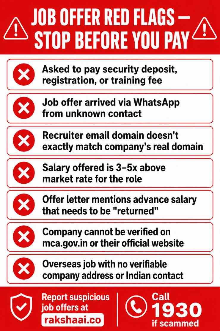 Red flags of fake job offer India 2026, how to spot job scam checklist