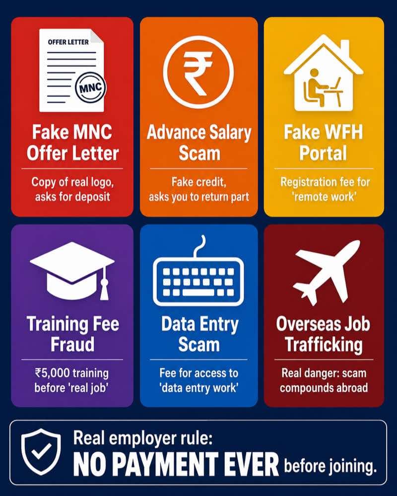 6 types of job scam India 2026, fake offer letter security deposit and work from home fraud