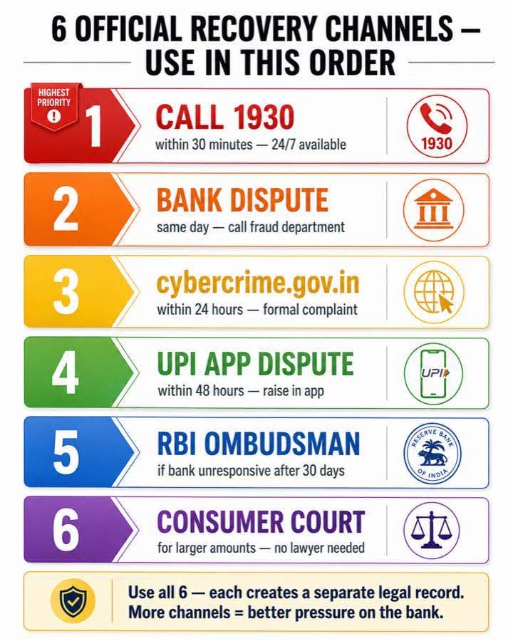 6 official money recovery channels for online fraud India in order of priority