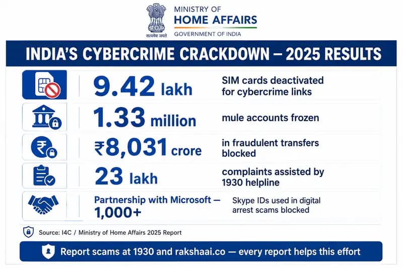 India cybercrime crackdown statistics graphic showing blocked SIM cards, mule accounts, prevented transfers, complaints, and Skype IDs