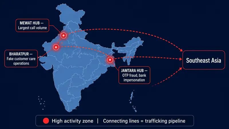 India cybercrime hotspots map 2026, Jamtara Mewat Bharatpur scam hubs