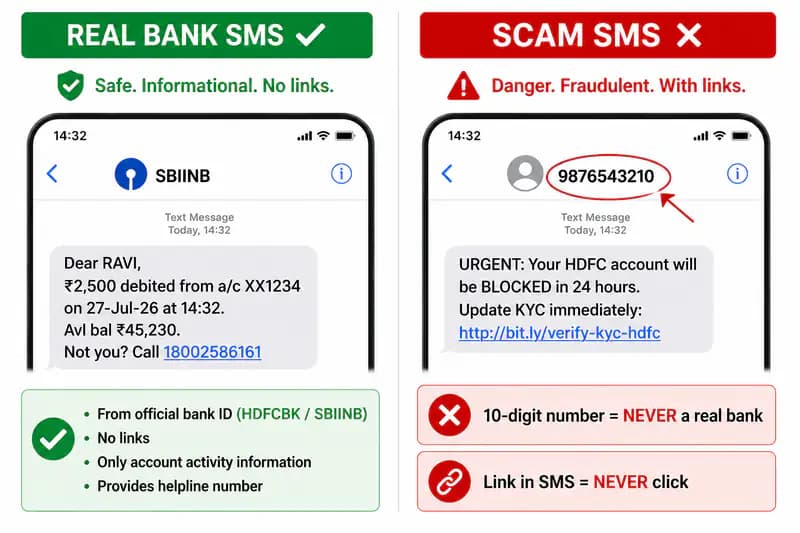 Real vs fake bank SMS India, registered sender ID compared with a suspicious mobile number and phishing link