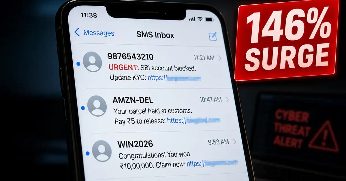 SMS scam India 2026, text message fraud surges 146 percent and seven types explained