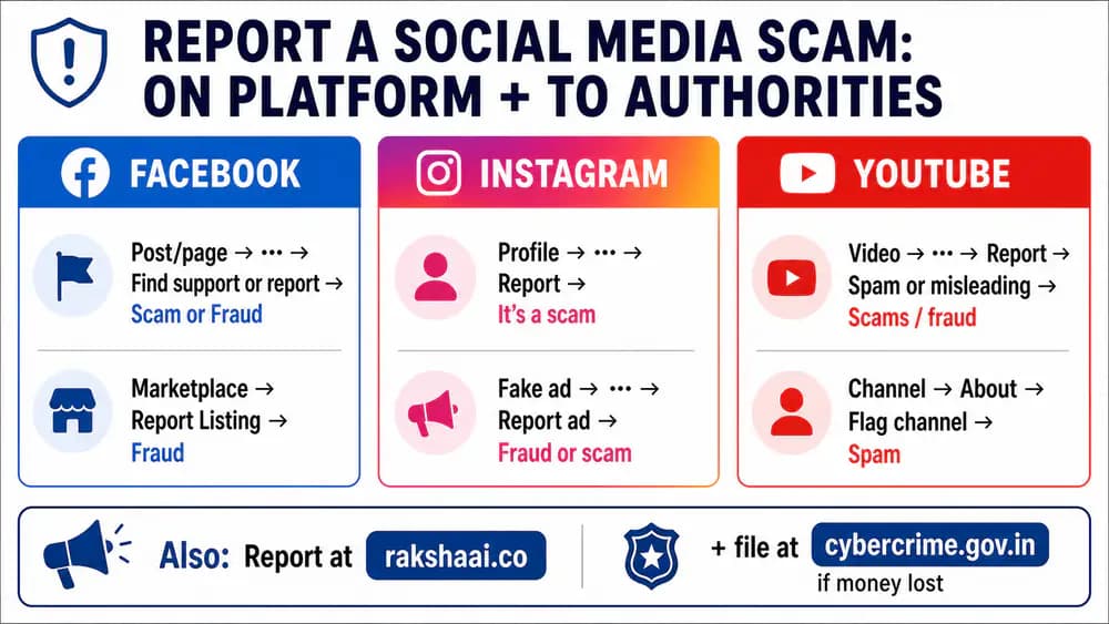 How to report social media scam India, Facebook Instagram YouTube reporting steps