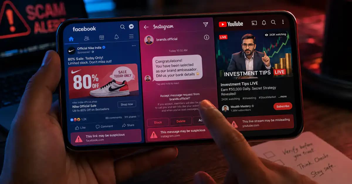 Social media scam India 2026, Facebook Instagram YouTube fraud types