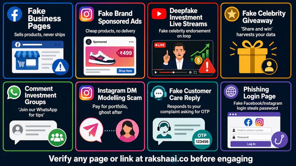 8 social media scam types India 2026, Facebook Instagram YouTube giveaway investment