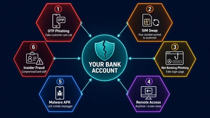 6 methods scammers use to access bank account India 2026, including OTP, SIM swap, phishing, remote access, malware, and insider fraud