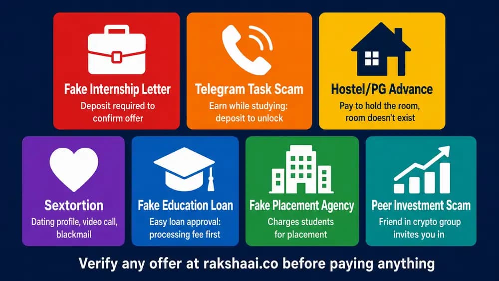7 scams targeting college students India 2026, internship task hostel sextortion