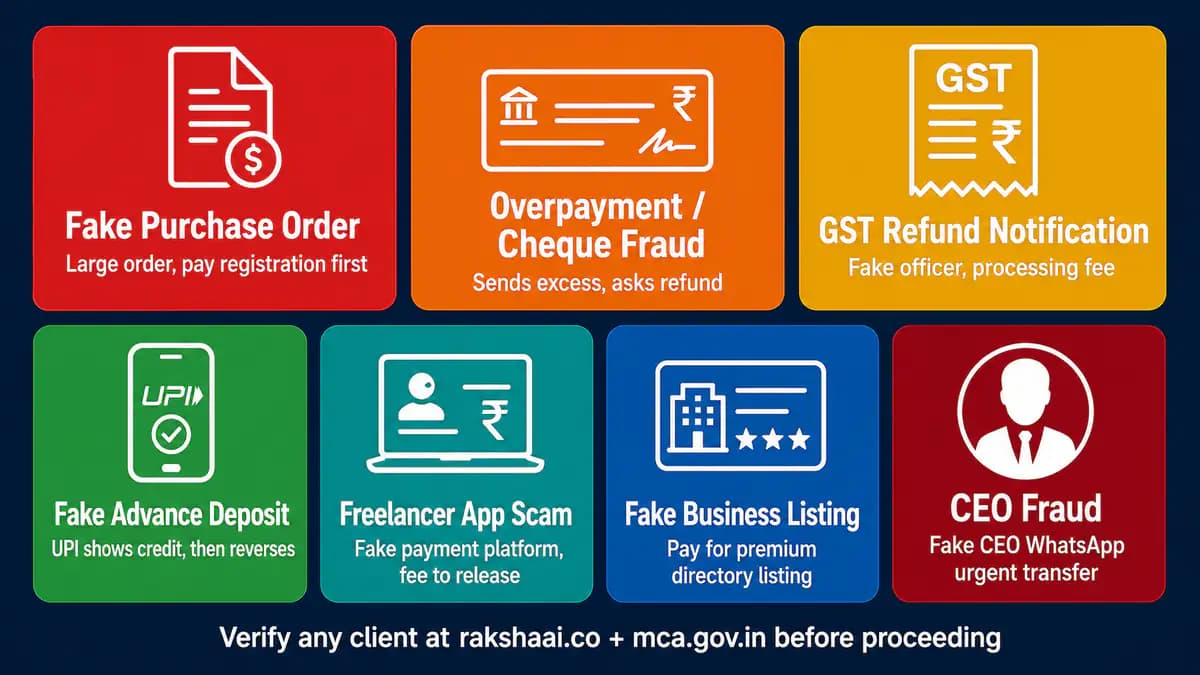 7 business scam types India 2026, fake order GST refund overpayment and freelancer fraud