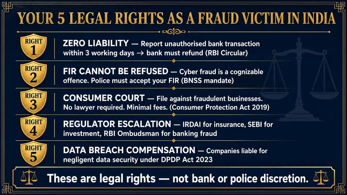 Five legal rights of a cyber fraud victim in India, RBI liability FIR consumer court regulator and data security