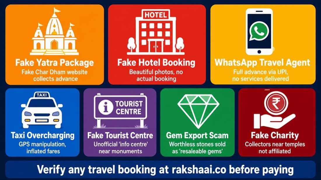 7 travel scam types India 2026, yatra hotel WhatsApp taxi gem charity and tourist fraud