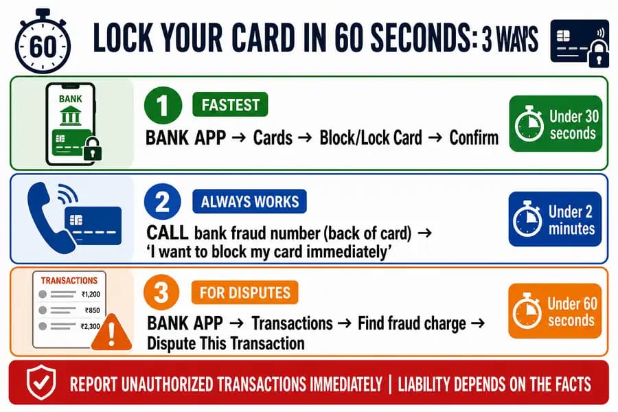 How to lock credit debit card India in 60 seconds using bank app steps