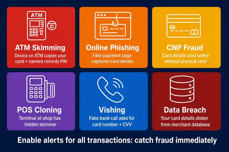 6 credit card fraud methods India 2026, skimming phishing CNP POS vishing breach
