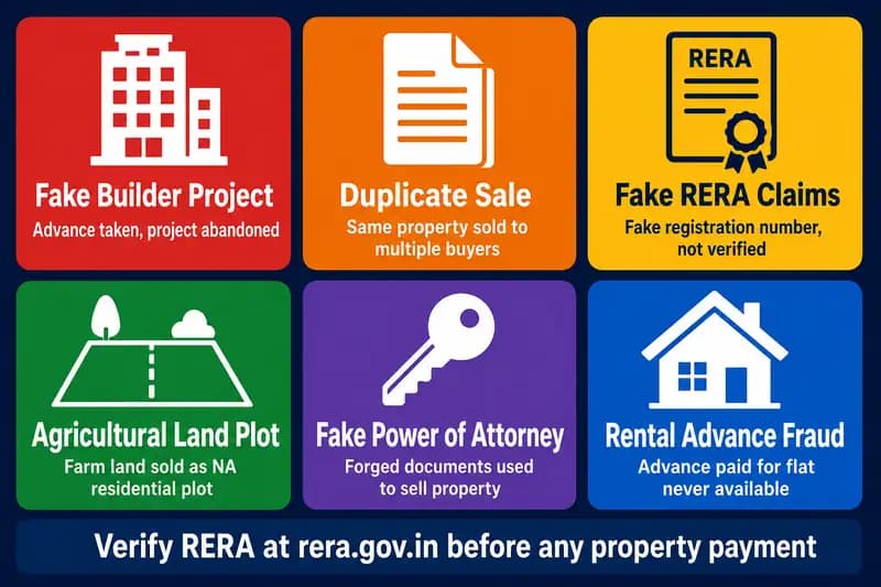 6 real estate scam types India 2026, builder RERA duplicate land and rental fraud