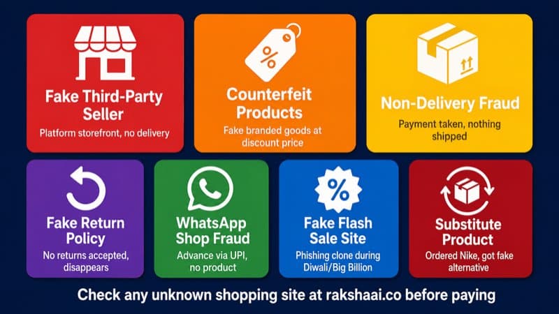 7 online shopping scam types India 2026, fake sellers, counterfeit goods, WhatsApp fraud and flash sale sites