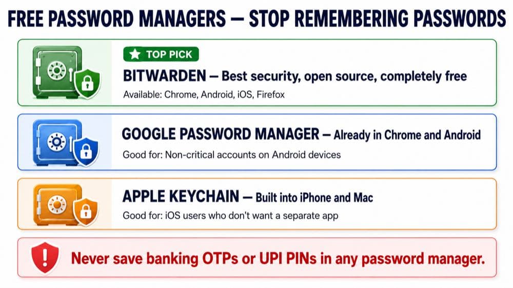Free password manager India guide for Bitwarden, Google Password Manager and Apple users
