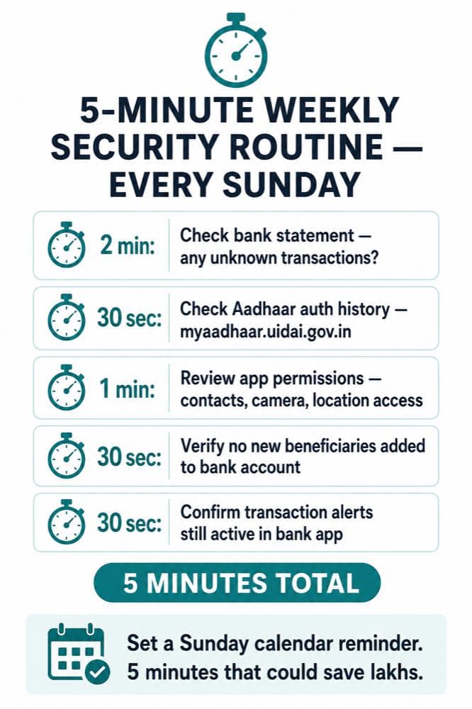 5 minute weekly cyber security routine India including bank statement and Aadhaar checks