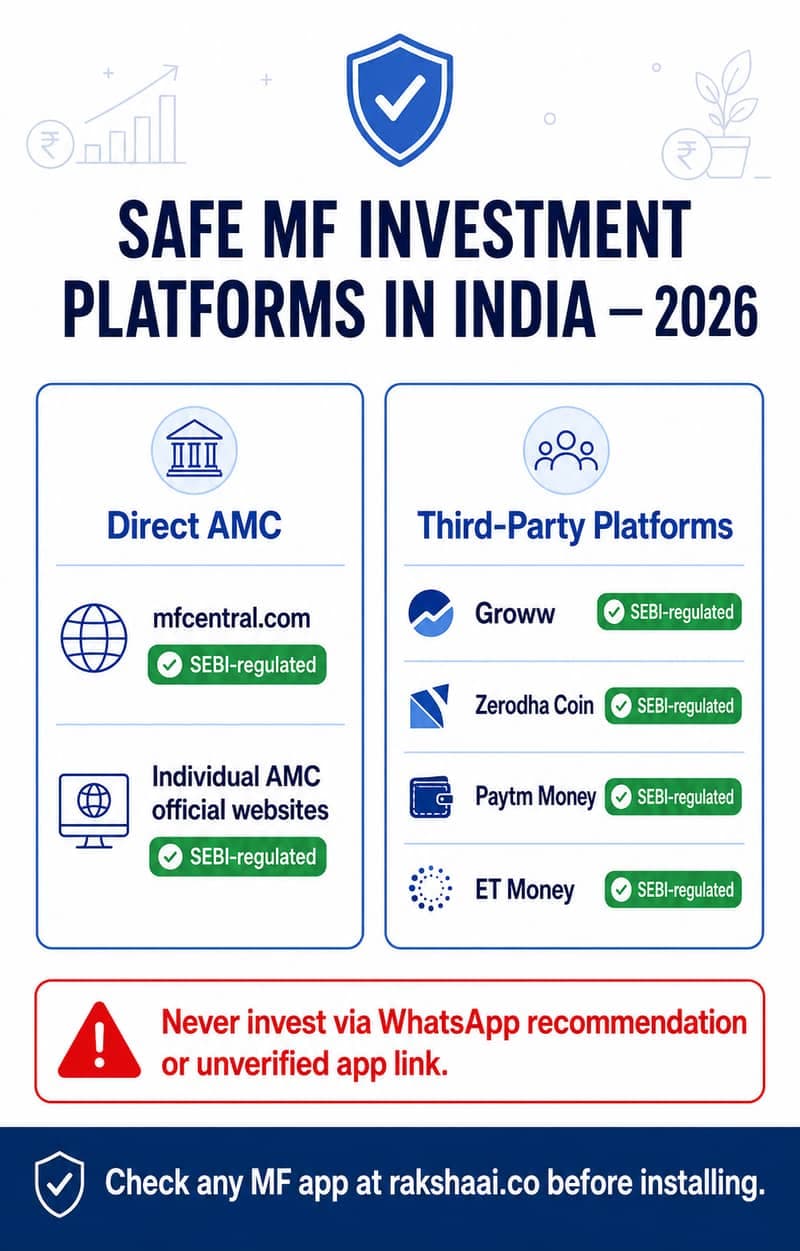 Safe mutual fund investment platforms India 2026, Groww Zerodha Coin direct AMC