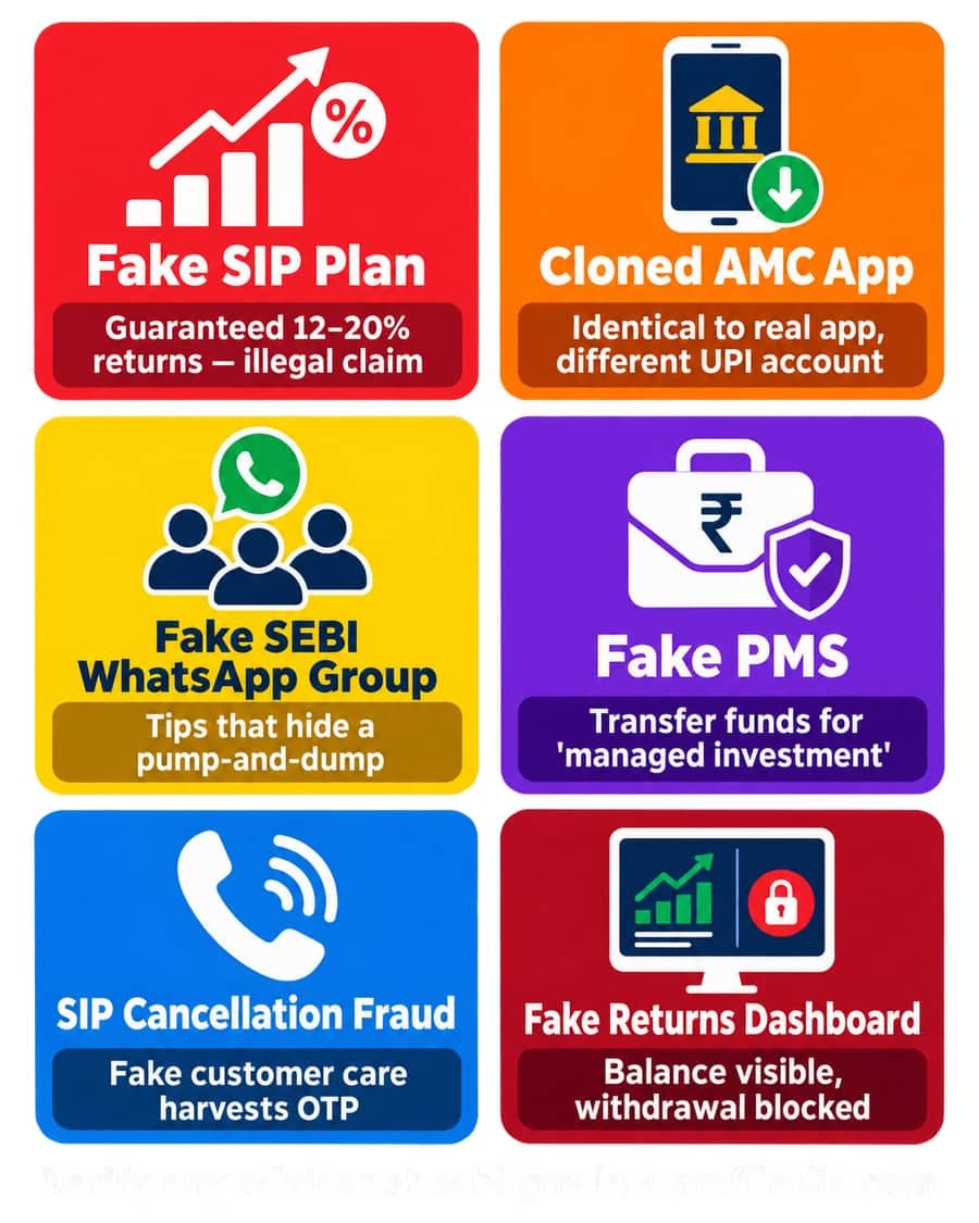Six mutual fund scam types India 2026, fake SIP AMC app SEBI advisor PMS dashboard