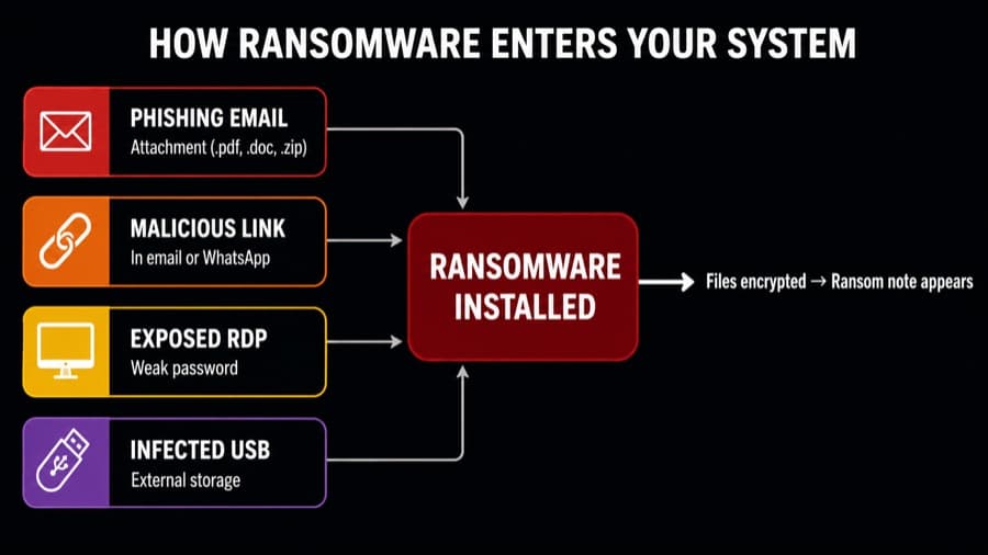 How ransomware enters an Indian business network, phishing email, malicious link, exposed RDP, infected USB