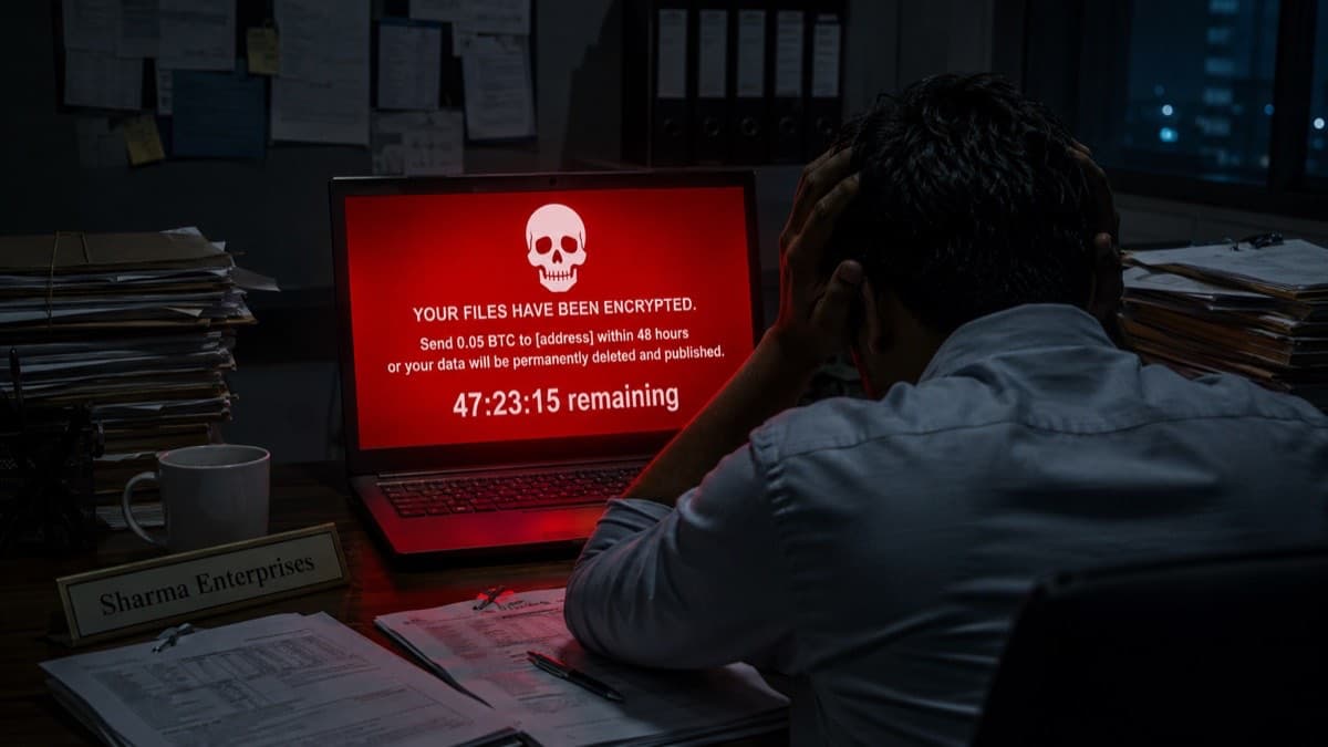 Ransomware India 2026, files locked and a Bitcoin demand on a small business laptop