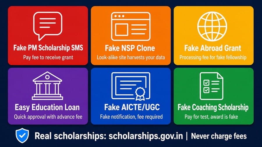 6 scholarship scam types India 2026, fake PM SMS, fake NSP clone, fake abroad grant, easy education loan, fake AICTE UGC, fake coaching scholarship test