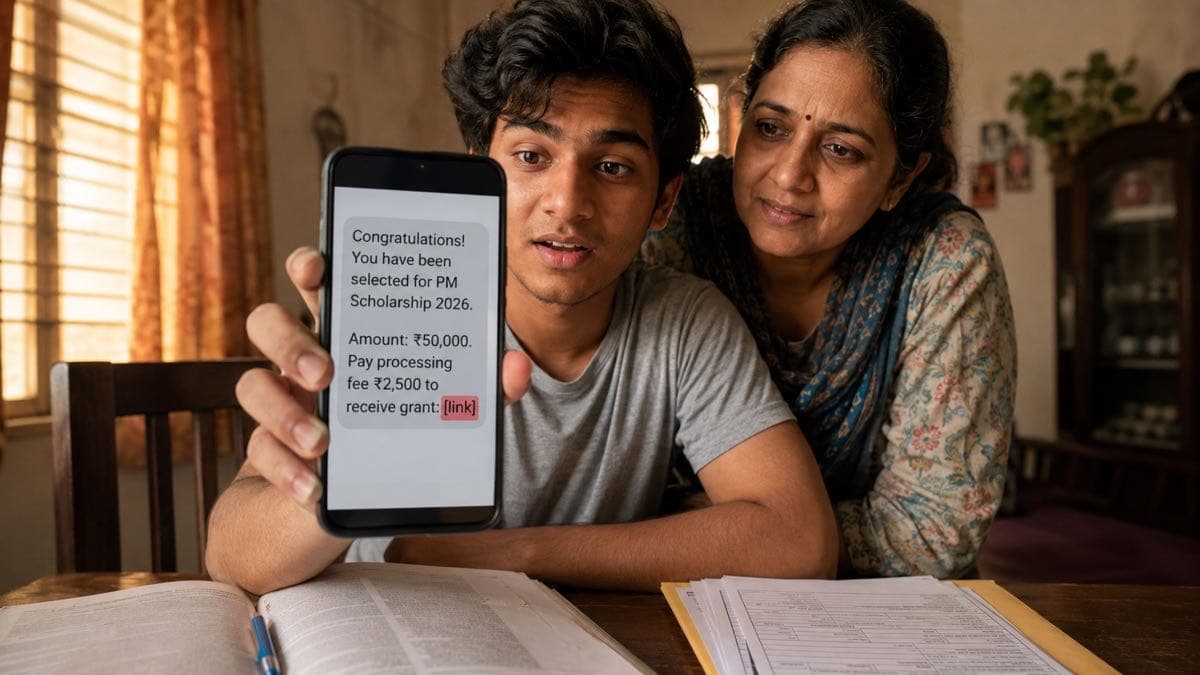 Fake scholarship scam India 2026, PM scholarship SMS fraud targeting a student and parent