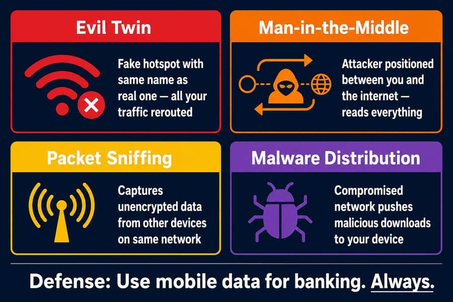 4 public WiFi attack types India, evil twin man in middle packet sniffing malware