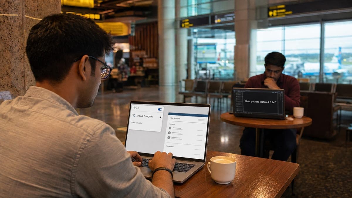 Public WiFi safety India 2026, airport cafe hotel free WiFi hacking risk