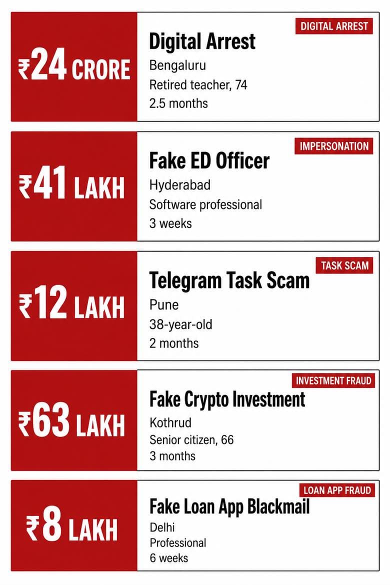 5 cyber fraud case studies India 2026, losses amounts victims scam types