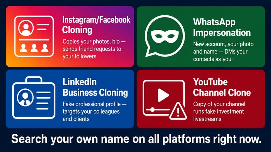 4 types of social media account cloning India 2026, Instagram Facebook WhatsApp LinkedIn