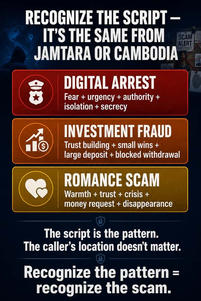 How to recognize scam compound scripts India, digital arrest investment romance common patterns