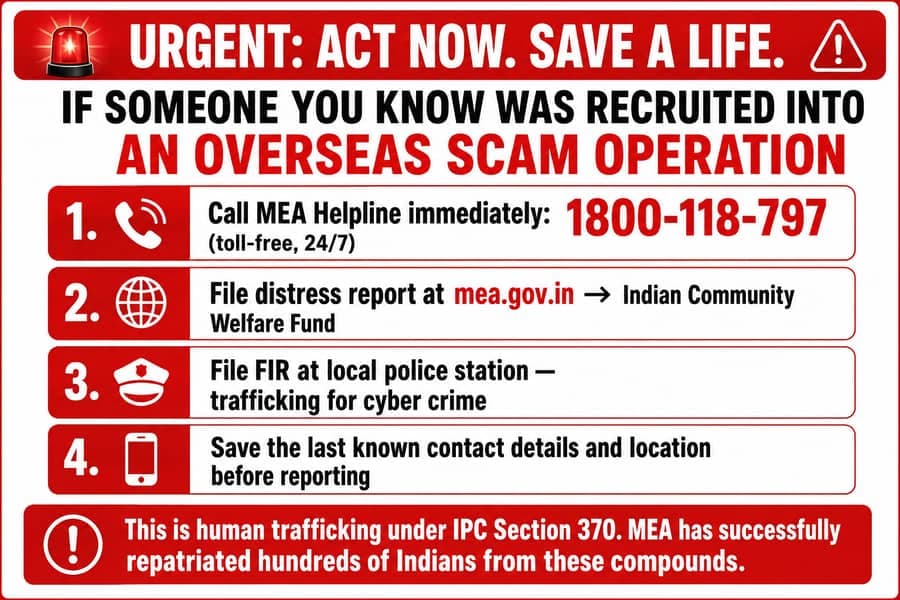 What to do if someone recruited into scam compound Southeast Asia India, MEA helpline emergency steps