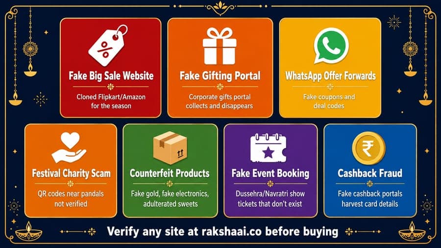 7 festive season scam types India 2026, fake sale gifting WhatsApp charity counterfeit booking cashback