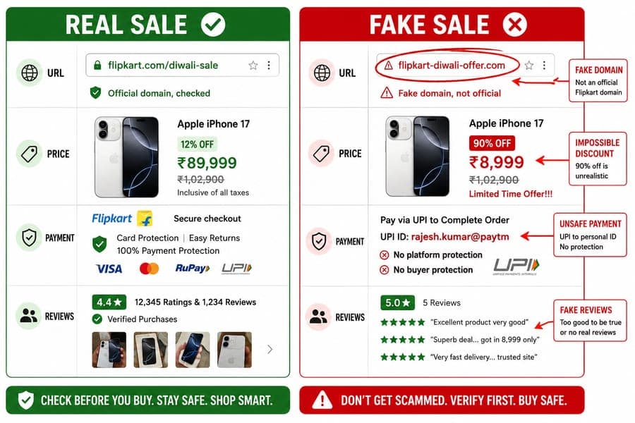 Real vs fake festive sale website India, how to identify fake Diwali sale