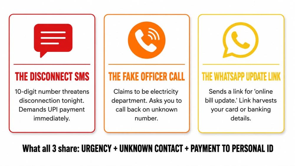 3 electricity bill scam types India 2026, SMS phone call WhatsApp link