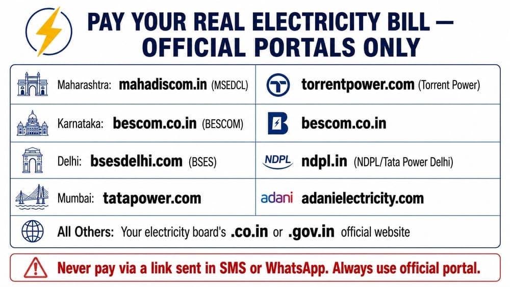 Official electricity board portals India, BESCOM MSEDCL TATA BSES official websites