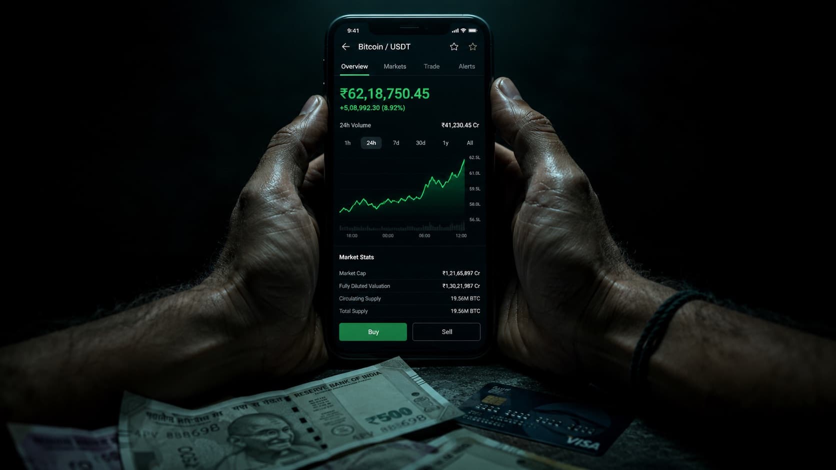 Hands holding phone showing Bitcoin trading app with Indian currency notes — fake crypto investment scam India