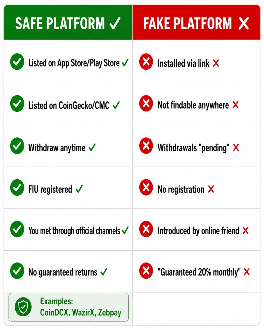 Safe crypto platform vs fake crypto platform comparison: App Store listed, CoinGecko listed, withdraw anytime, FIU registered, official channels — vs installed via link, not findable, withdrawals pending, no registration, introduced by online friend