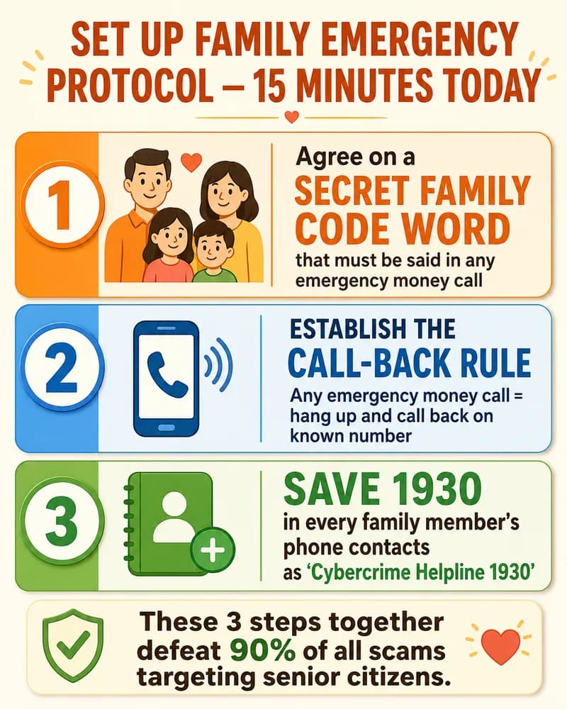 Family emergency protocol to protect parents from scams India, code word call back