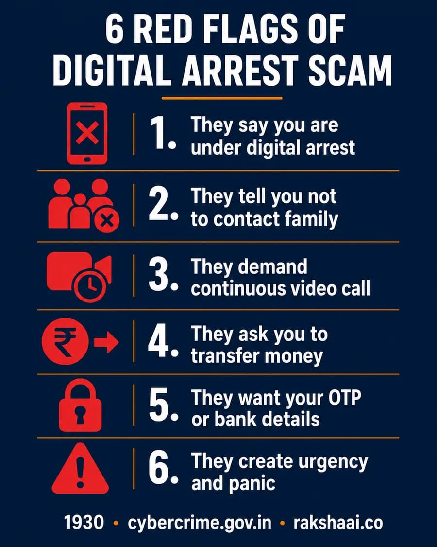 6 Red Flags of Digital Arrest Scam, an infographic by RakshaAI