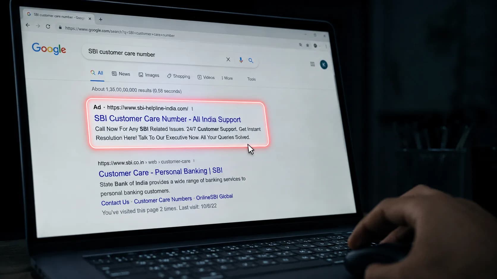 Google search results for SBI customer care number showing a scam ad highlighted at the top