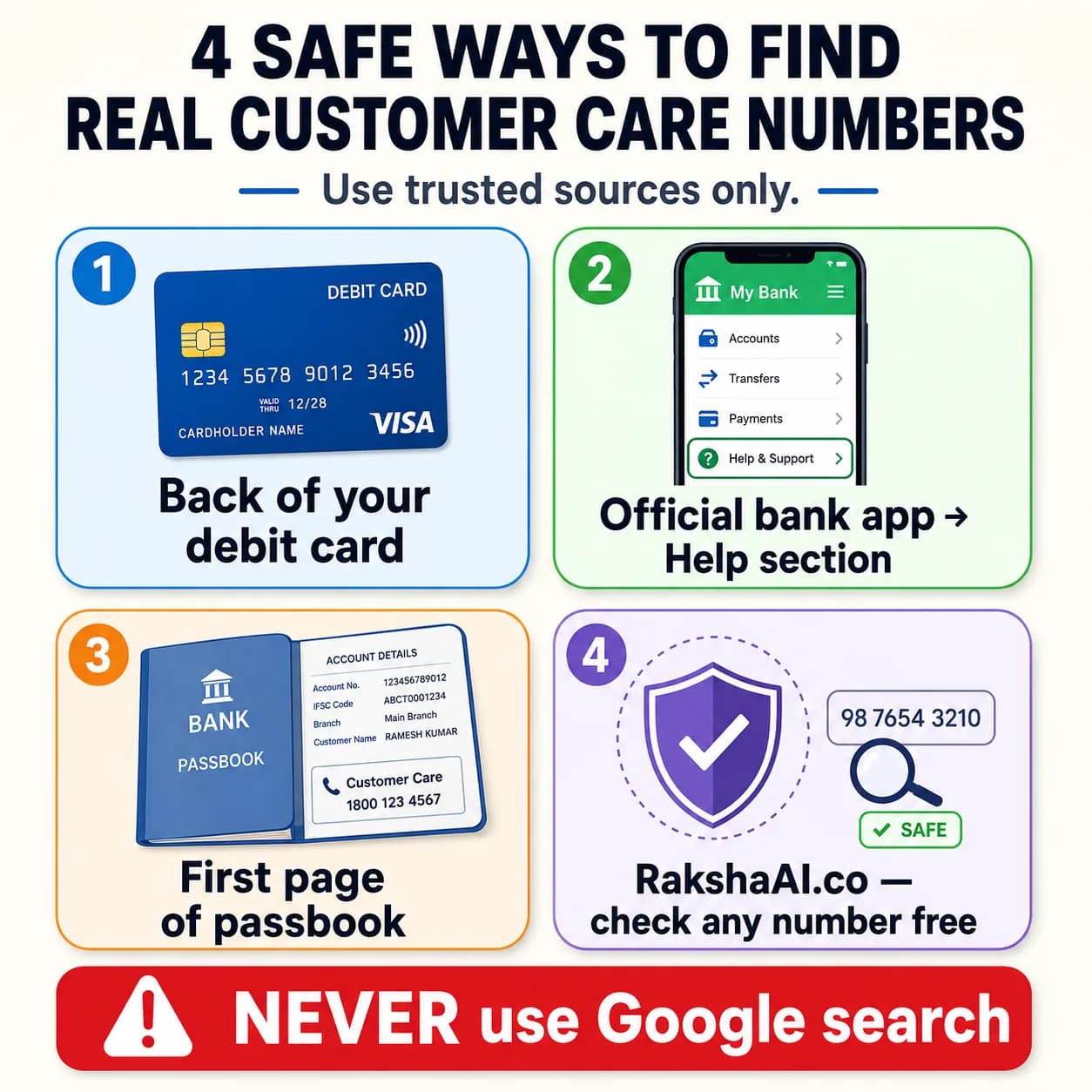 4 safe ways to find real customer care numbers: back of debit card, official bank app Help section, first page of passbook, RakshaAI number checker